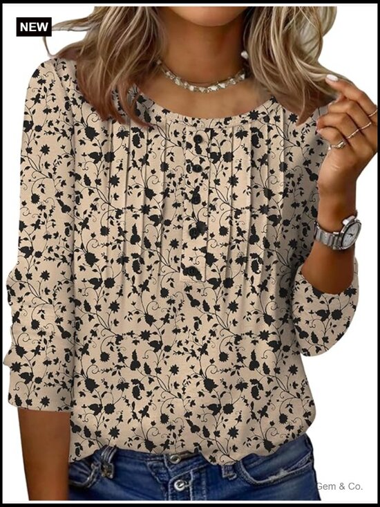 Tops - 3/4 Sleeve Pleated Tunic Tops Casual Summer Tees Blouses Crew Neck Loose Fit